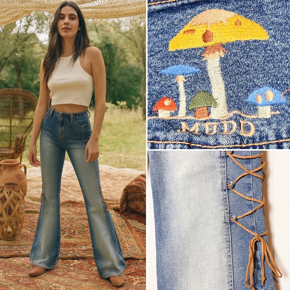 VTG Mudd‎ Y2K Flare Leg Jeans 11 mushroom embroidered bell bottoms boho faded